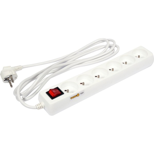 PRZEDŁUŻACZ ELEKTRYCZNY, BIAŁY, 6 GNIAZD Z UZIEMIENIEM, 3M Z WYŁĄCZNIKIEM 72531