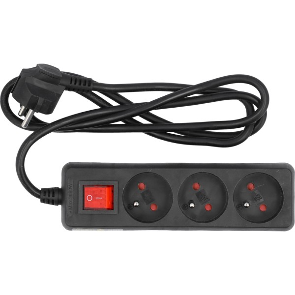 PRZEDŁUŻACZ ELEKTRYCZNY, CZARNY, 3 GNIAZDA Z UZIEMIENIEM, 1,5M Z WYŁĄCZNIKIEM. 72625