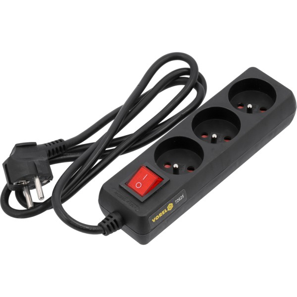 PRZEDŁUŻACZ ELEKTRYCZNY, CZARNY, 3 GNIAZDA Z UZIEMIENIEM, 1,5M Z WYŁĄCZNIKIEM. 72625