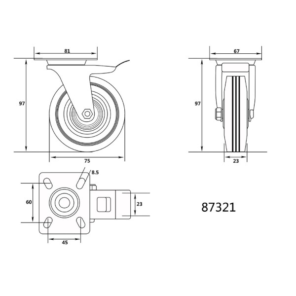KÓŁKO SKRĘTNE Z CZARNĄ GUMĄ I HAMULCEM, 75MM 87321