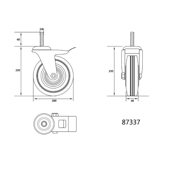 KÓŁKO SKRĘTNE 200MM Z CZARNĄ GUMĄ, HAMULCEM I TRZPIENIEM GWINTOWANYM, ŁOŻYSKOWANE 87337