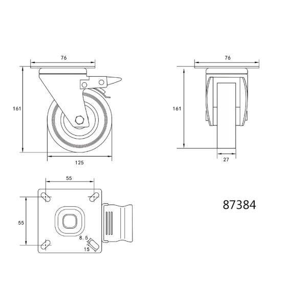 KÓŁKO SKRĘTNE 125MM Z SZARĄ GUMĄ I HAMULCEM 87384