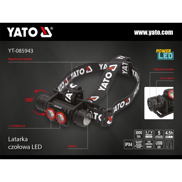 LATARKA CZOŁOWA 3000LM, AKU YT-085943