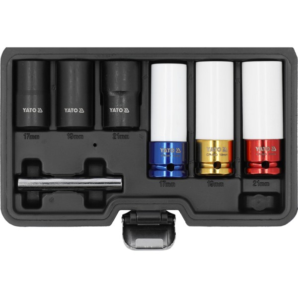 ZESTAW NASADEK UDAROWYCH Z WYKRĘTAKAMI DO FELG ALUMINIOWYCH. ZAWIERA 7 ELEM YT-10559