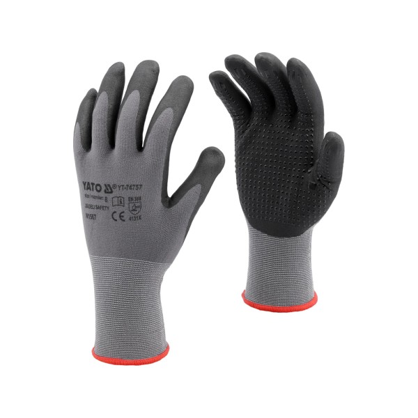 RĘKAWICE OCHRONNE NYLONOWE POWLEKANE SPIENIONYM NITRYLEM Z ANTYPOŚLIZGOWYM NAKROPIENIEM ROZMIAR 8 YT-74757
