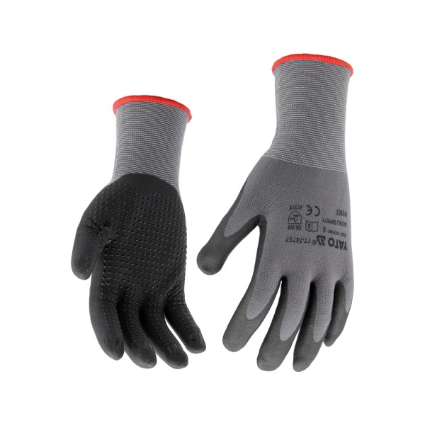 RĘKAWICE OCHRONNE NYLONOWE POWLEKANE SPIENIONYM NITRYLEM Z ANTYPOŚLIZGOWYM NAKROPIENIEM ROZMIAR 8 YT-74757