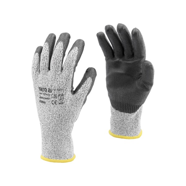 RĘKAWICE OCHRONNE HPPE ANTYPRZECIĘCIOWE POWLEKANE CZARNYM PU ROZMIAR 10 YT-74772