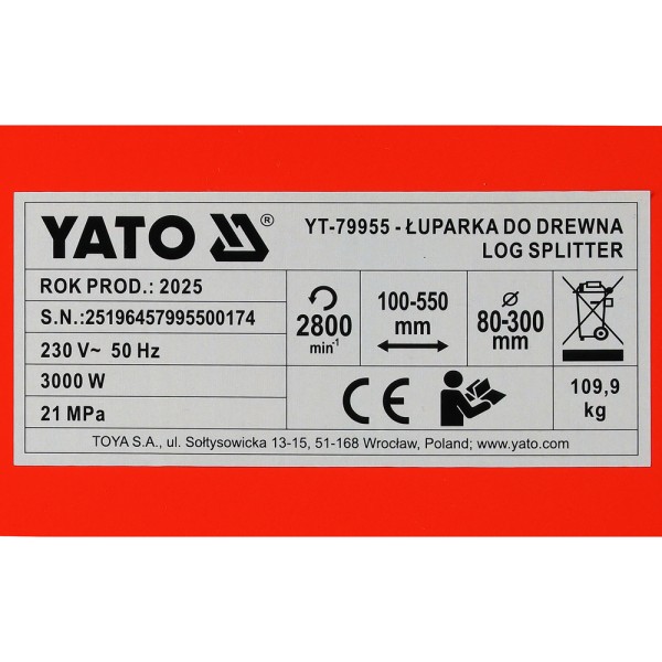 ŁUPARKA DO DREWNA SIŁA ROZŁUPUJĄCA: 8 TON YT-79955