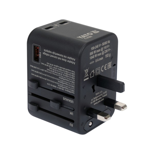 ADAPTER PODRÓŻNY DO PONAD 150 KRAJÓW USB-C PD 65W YT-81303