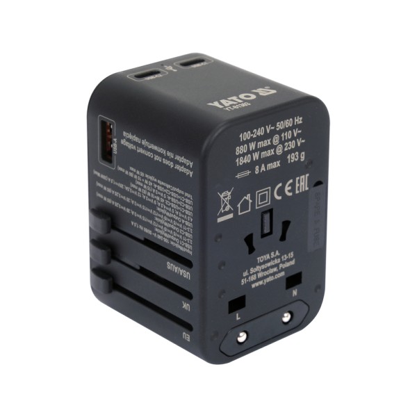 ADAPTER PODRÓŻNY DO PONAD 150 KRAJÓW USB-C PD 65W YT-81303