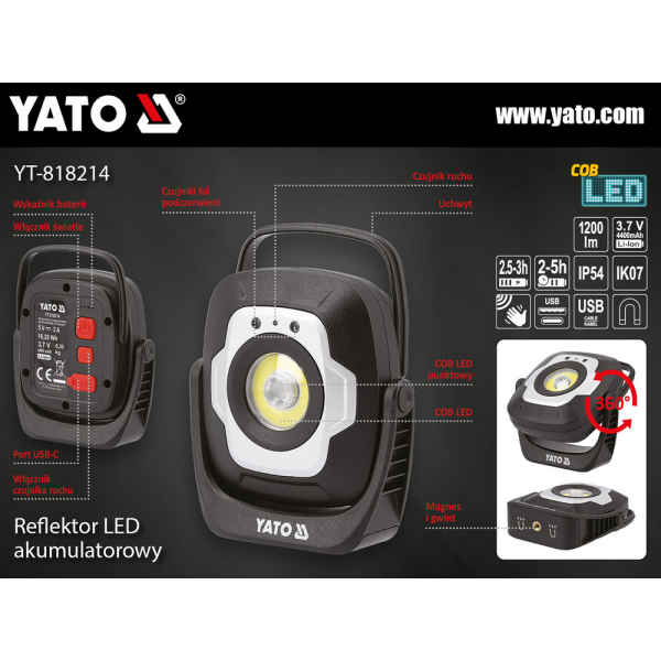 REFLEKTOR PRZENOŚNY 10W 1200LM, CZUJNIK RUCHU YT-818214