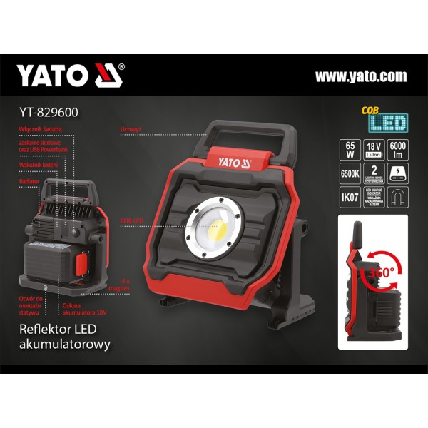REFLEKTOR LED 18V, 6000 LM, 65W - BEZ AKUMULATORA YT-829600