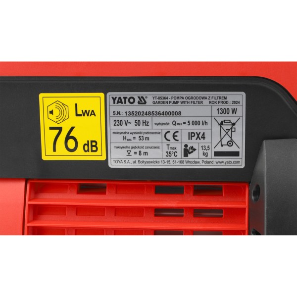 POMPA OGRODOWA 1300W Z FILTREM  I MANOMETREM YT-85364