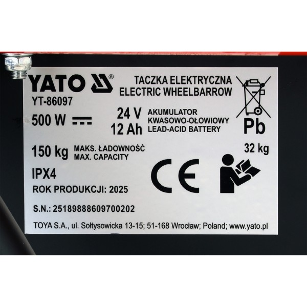 ELEKTRYCZNA TACZKA MOC 500W, ŁADOWNOŚĆ 150KG YT-86097