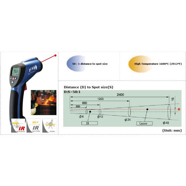 Pirometr CEM DT-8858 (-50~+1300°C e0,1~1,0 50:1), alarm HiLo