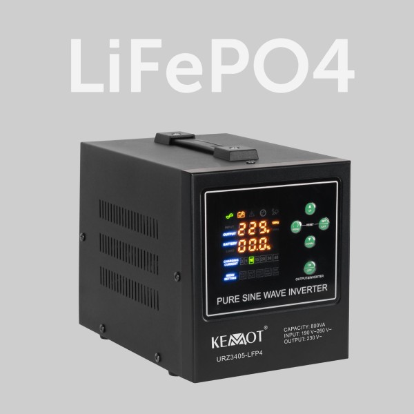 Zasilacz awaryjny KEMOT PROsinus-800-LFP4 przetwornica z czystym przebiegiem sinusoidalnym i funkcją ładowania  12V 230V 800VA/500W