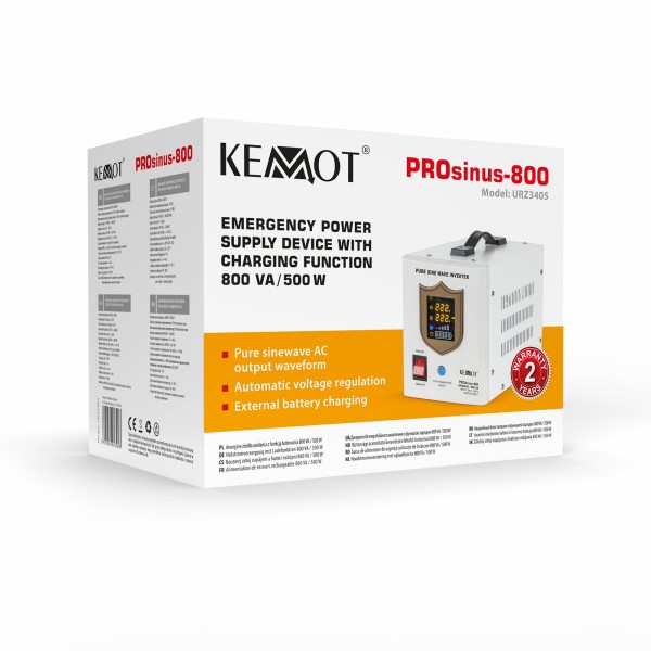 Zasilacz awaryjny KEMOT PROsinus-800 przetwornica z czystym przebiegiem sinusoidalnym i funkcją ładowania  12V 230V 800VA/500W