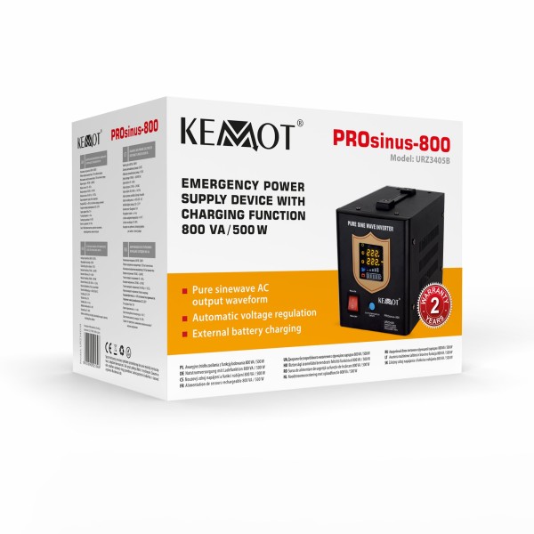 Zasilacz awaryjny KEMOT PROsinus-800 przetwornica z czystym przebiegiem sinusoidalnym i funkcją ładowania 12V 230V 800VA/500W - kolor czarny