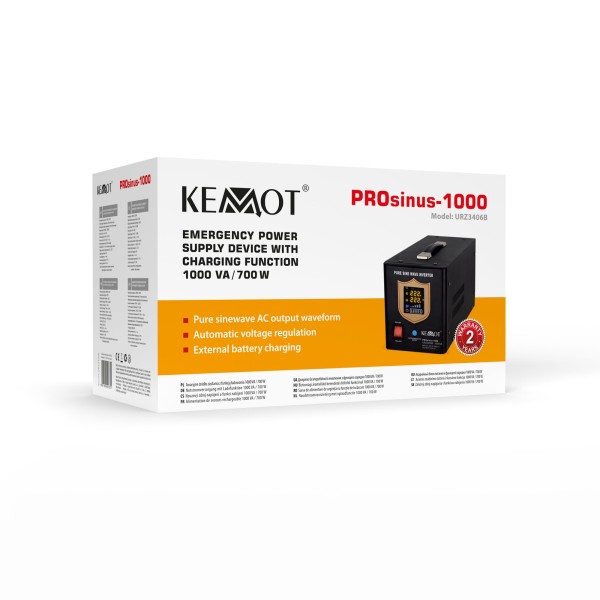 Zasilacz awaryjny KEMOT PROsinus-1000  przetwornica z czystym przebiegiem sinusoidalnym i funkcją ładowania  12V 230V 1000VA/700W - kolor czarny