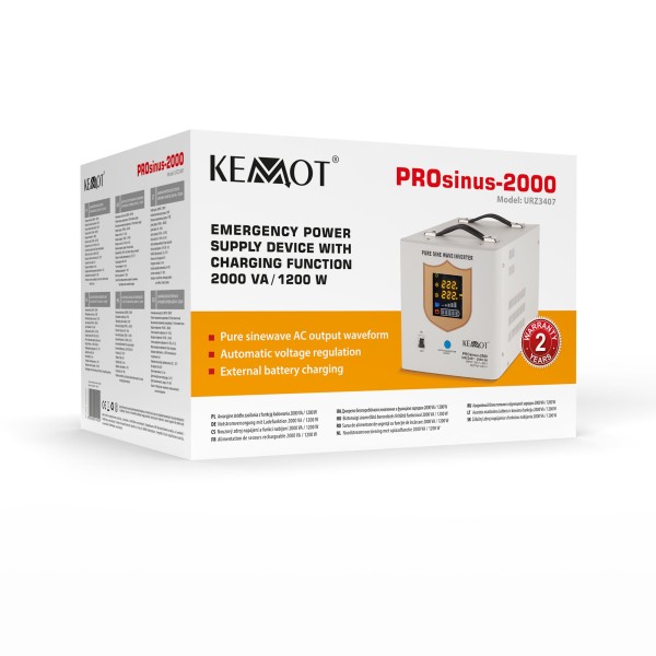 Zasilacz awaryjny KEMOT PROsinus-2000  przetwornica z czystym przebiegiem sinusoidalnym i funkcją ładowania  12V 230V 2000VA/1200W