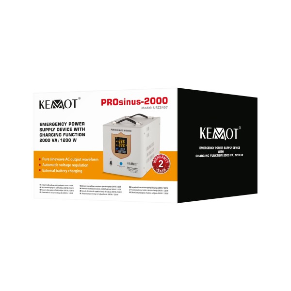 Zasilacz awaryjny KEMOT PROsinus-2000  przetwornica z czystym przebiegiem sinusoidalnym i funkcją ładowania  12V 230V 2000VA/1200W