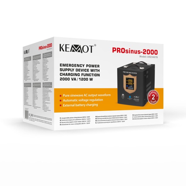 Zasilacz awaryjny KEMOT PROsinus-2000  przetwornica z czystym przebiegiem sinusoidalnym i funkcją ładowania 12V 230V 2000VA/1200W - kolor czarny