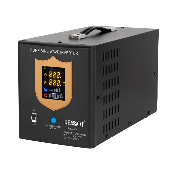 Zasilacz awaryjny KEMOT PROsinus-2000  przetwornica z czystym przebiegiem sinusoidalnym i funkcją ładowania 12V 230V 2000VA/1200W - kolor czarny