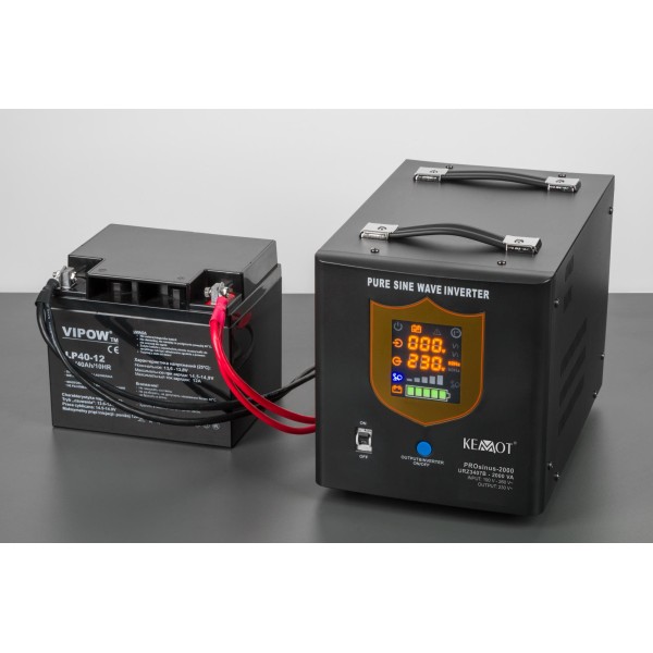 Zasilacz awaryjny KEMOT PROsinus-2000  przetwornica z czystym przebiegiem sinusoidalnym i funkcją ładowania 12V 230V 2000VA/1200W - kolor czarny