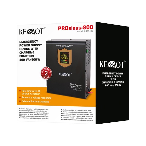 Zasilacz awaryjny naścienny KEMOT PROsinus-800 przetwornica z czystym przebiegiem sinusoidalnym i funkcją ładowania 12V 230V 800VA/500W