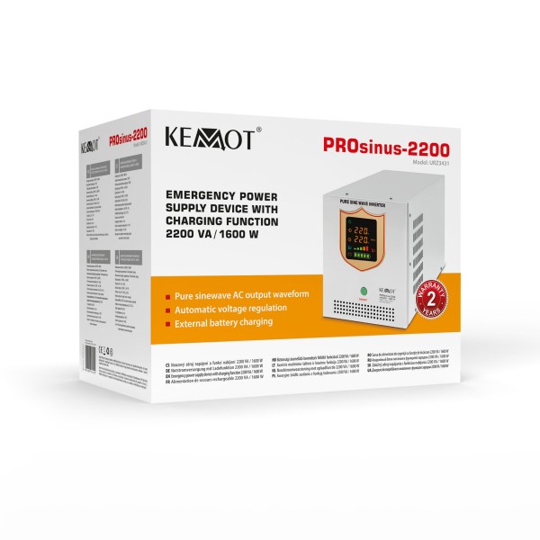 Zasilacz awaryjny KEMOT PROsinus-2200  przetwornica z czystym przebiegiem sinusoidalnym i funkcją ładowania  12V 230V 2200VA/1600W