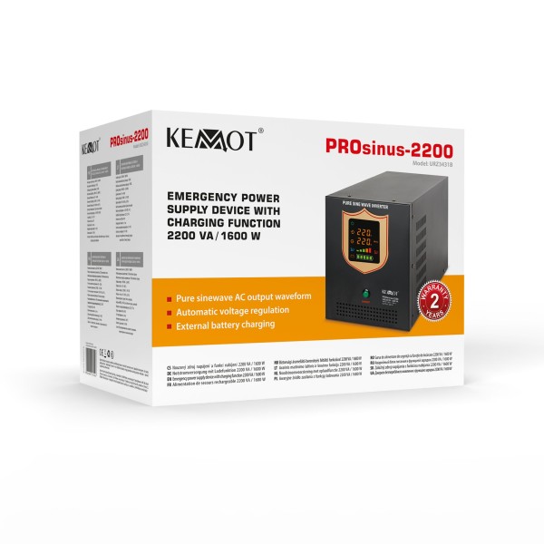 Zasilacz awaryjny KEMOT PROsinus-2200  przetwornica z czystym przebiegiem sinusoidalnym i funkcją ładowania  12V 230V 2200VA/1600W - kolor czarny