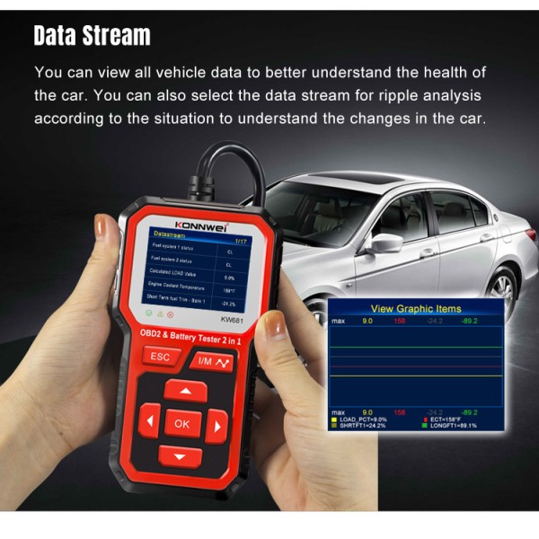 Miernik diagnostyczny, skaner OBD2, tester baterii  Konnwei KW681