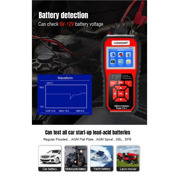 Miernik diagnostyczny, skaner OBD2, tester baterii Konnwei KW870