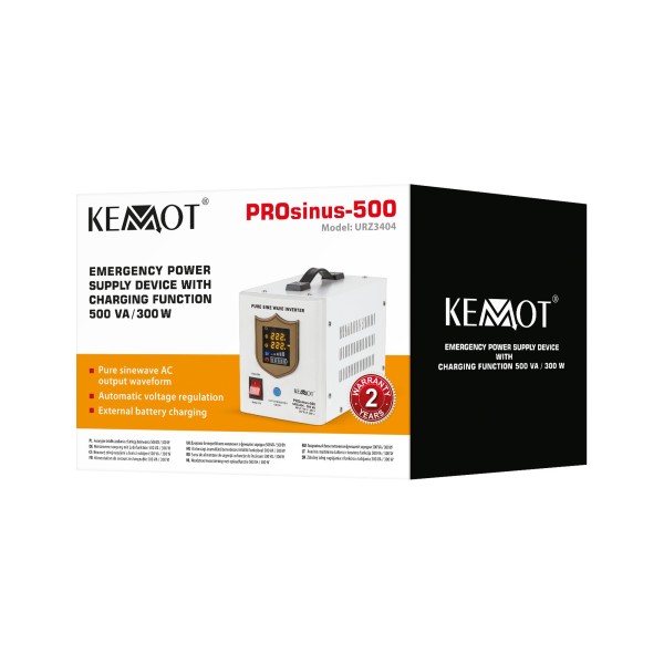 Zasilacz awaryjny KEMOT PROsinus-500  przetwornica z czystym przebiegiem sinusoidalnym i funkcją ładowania  12V 230V 500VA/300W