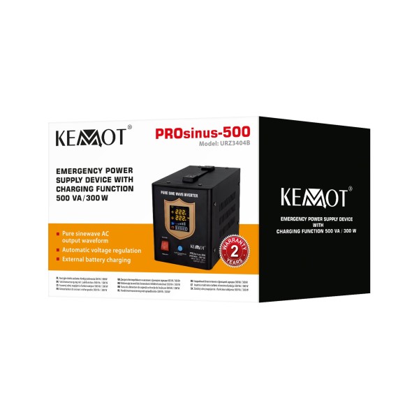 Zasilacz awaryjny KEMOT PROsinus-500 przetwornica z czystym przebiegiem sinusoidalnym i funkcją ładowania 12V 230V 500VA/300W - kolor czarny