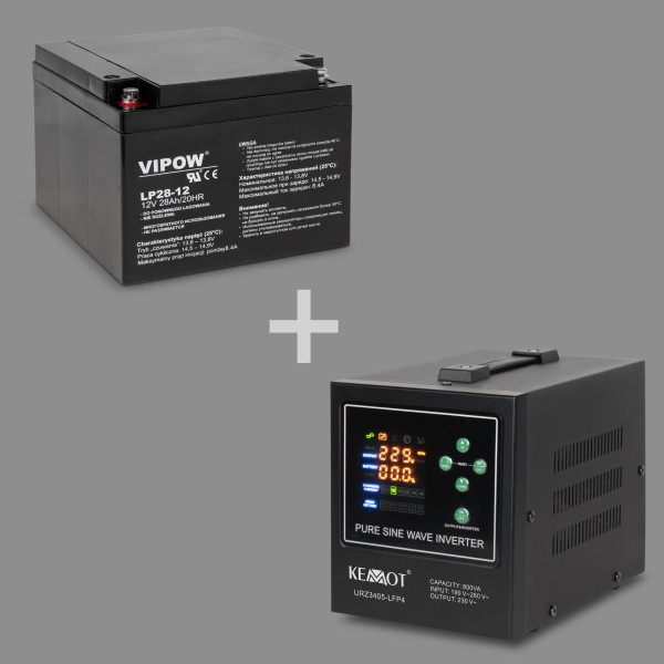 Zasilacz awaryjny KEMOT PROsinus-800-LFP4 przetwornica z czystym przebiegiem sinusoidalnym i funkcją ładowania  12V 230V 800VA/500W