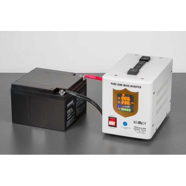 Zasilacz awaryjny KEMOT PROsinus-800 przetwornica z czystym przebiegiem sinusoidalnym i funkcją ładowania  12V 230V 800VA/500W