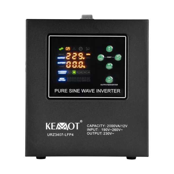 Zasilacz awaryjny KEMOT PROsinus-2000  przetwornica z czystym przebiegiem sinusoidalnym i funkcją ładowania  12V 230V 2000VA/1200W
