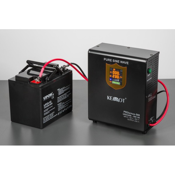 Zasilacz awaryjny naścienny KEMOT PROsinus-500  przetwornica z czystym przebiegiem sinusoidalnym i funkcją ładowania  12V 230V 500VA/300W