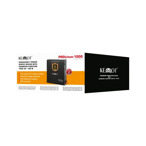 Zasilacz awaryjny naścienny KEMOT PROsinus-1000  przetwornica z czystym przebiegiem sinusoidalnym i funkcją ładowania  12V 230V 1000VA/700W