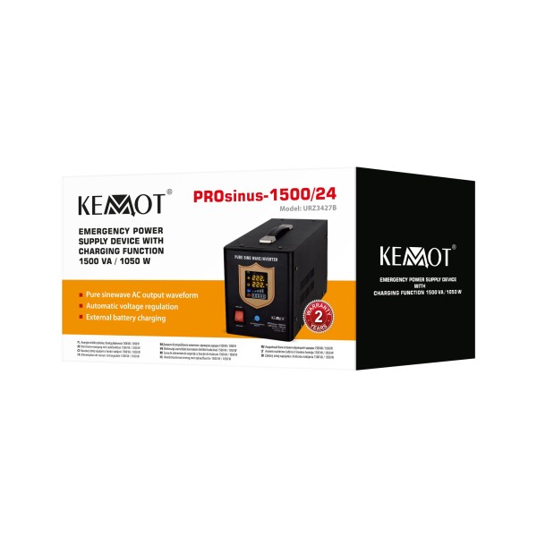 Zasilacz awaryjny KEMOT PROsinus-1500/24  przetwornica z czystym przebiegiem sinusoidalnym i funkcją ładowania  24V 230V 1500VA/1050W - kolor czarny