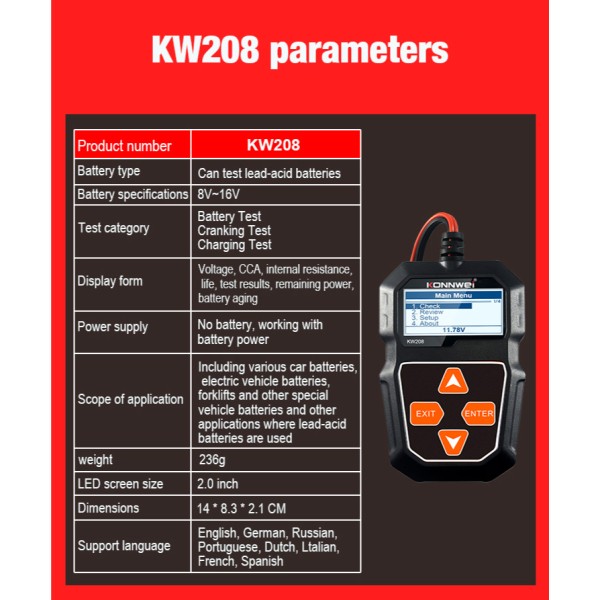 Miernik baterii Konnwei KW208