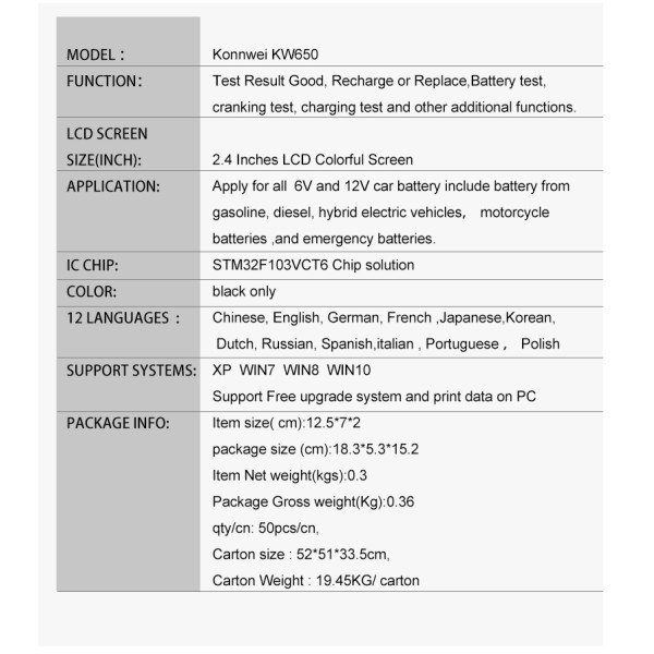 Miernik baterii Konnwei KW650
