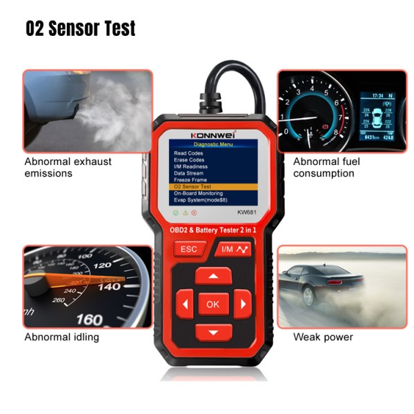 Miernik diagnostyczny, skaner OBD2, tester baterii  Konnwei KW681