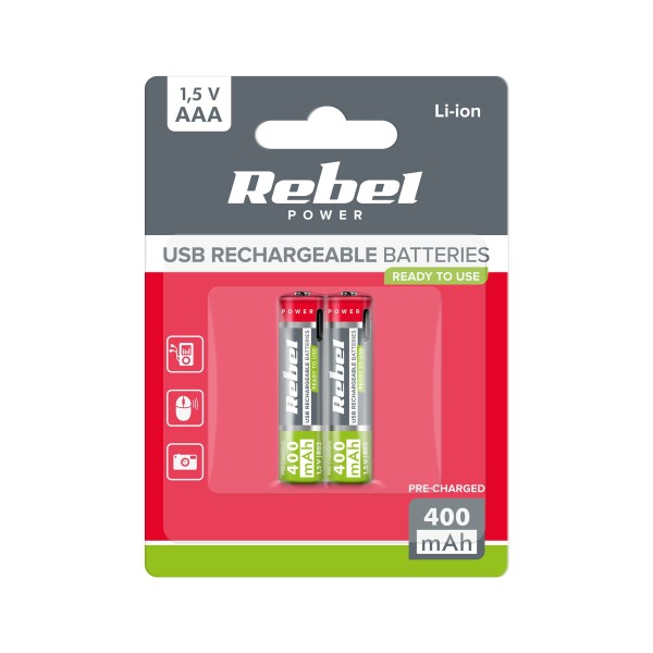 Akumulatorki REBEL AAA,400 mAh, Li-ion, 1,5V, 2szt/bl, R3, gniazdo typ C