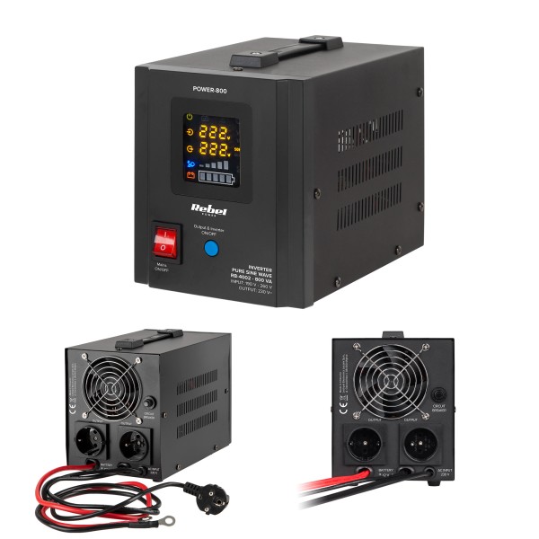 Zasilacz Awaryjny Rebel POWER-800 - przetwornica z czystym przebiegiem sinusoidalnym i funkcją ładowania  12V 230V 800VA/500W