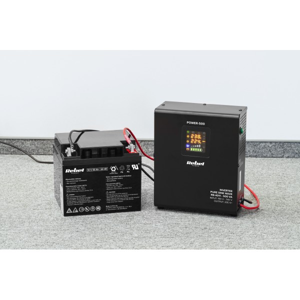 Zasilacz Awaryjny Naścienny Rebel POWER-500 - przetwornica z czystym przebiegiem sinusoidalnym i funkcją ładowania  12V 230V 500VA/300W