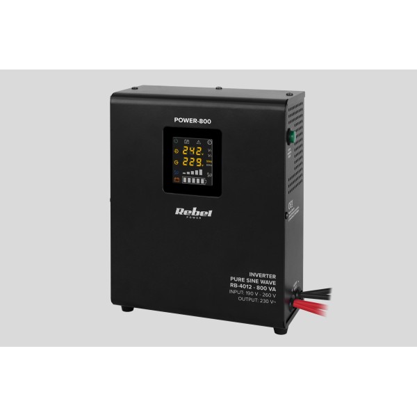 Zasilacz Awaryjny Naścienny Rebel POWER-800 - przetwornica z czystym przebiegiem sinusoidalnym i funkcją ładowania  12V 230V 800VA/500W