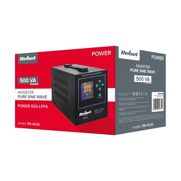 Zasilacz awaryjny Rebel POWER-500-LFP4 - przetwornica z czystym przebiegiem sinusoidalnym i funkcją ładowania  12V 230V 500VA/300W