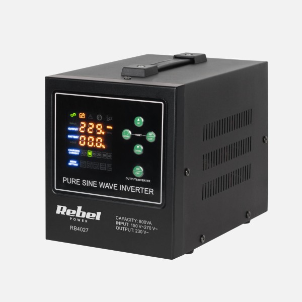 Zasilacz awaryjny Rebel POWER-800-LFP4 - przetwornica z czystym przebiegiem sinusoidalnym i funkcją ładowania  12V 230V 800VA/500W